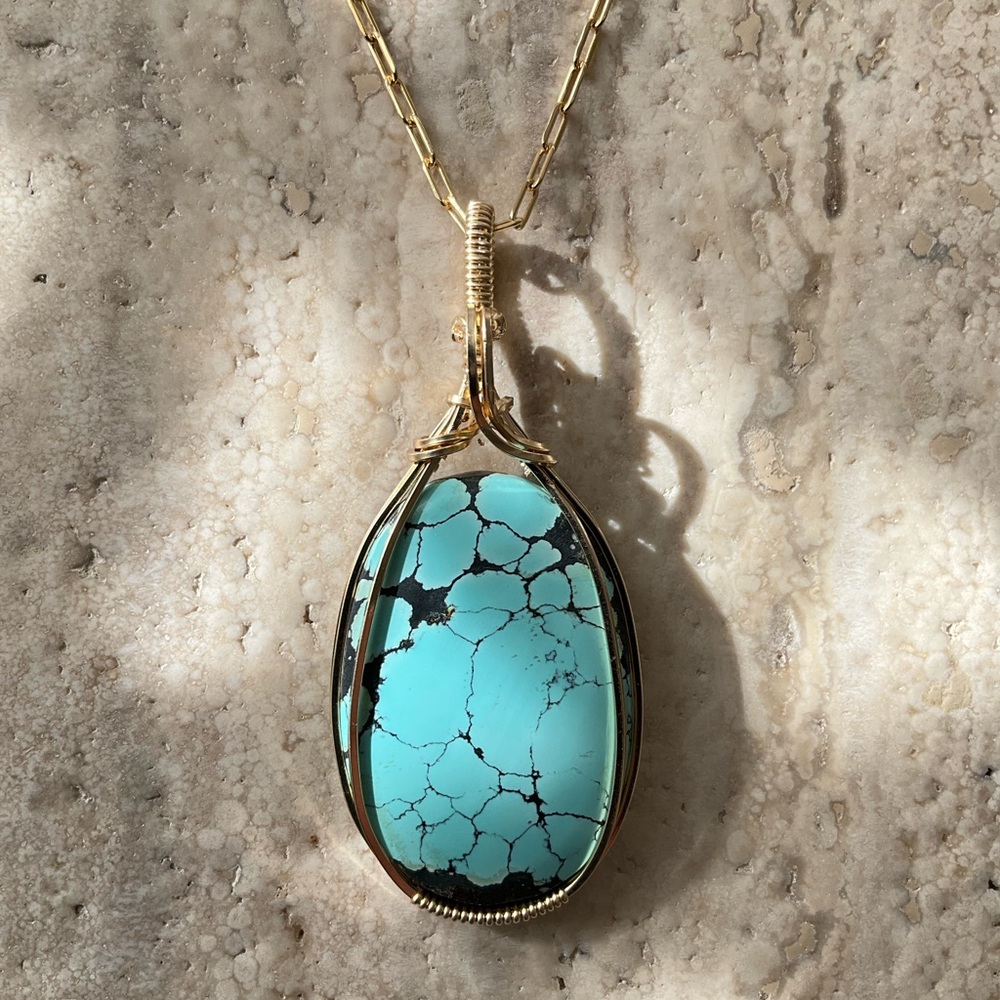 14k Gold Filled Large Exquisite Genuine Turquoise Healing Stone Necklace Pendant